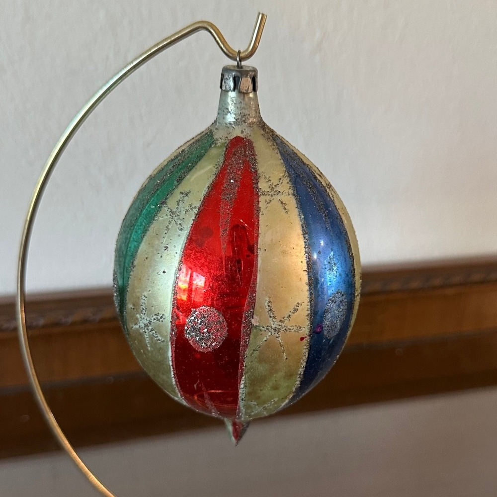 Vtg Poland Jumbo 6'' Teardrop Christmas Ornament Multi Color Mercury Glass Mica